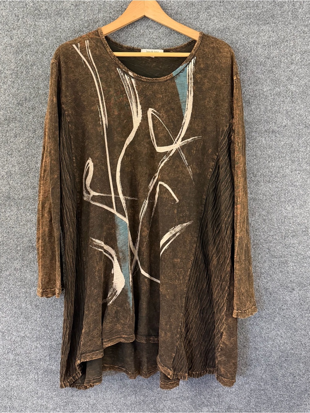 Jess & Jane Womens 3X Brown Mineral Wash Abstract Graphic Lagenlook Tunic USA